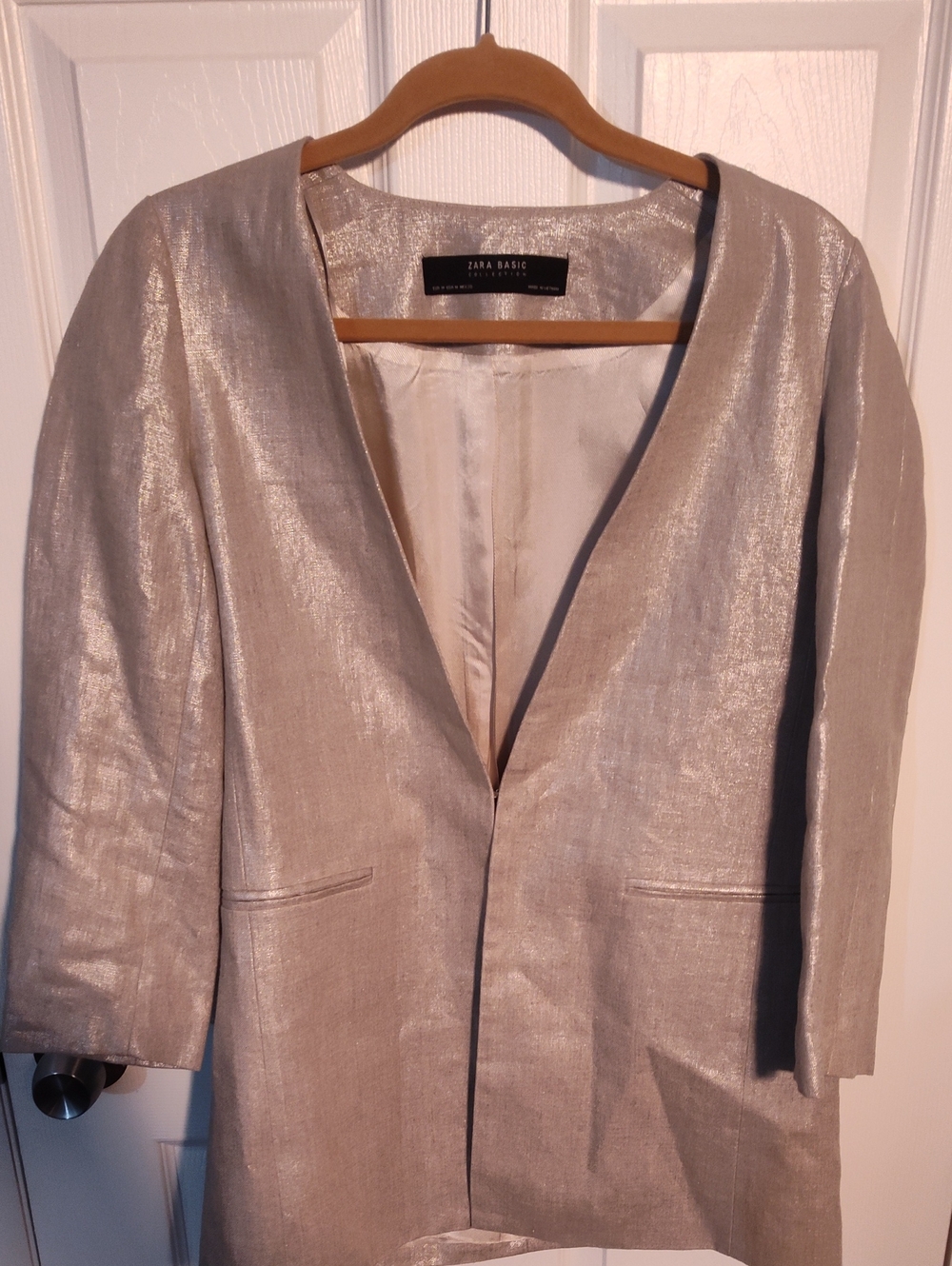 Zara Shimmery Champagne-Gray Open-Front Blazer